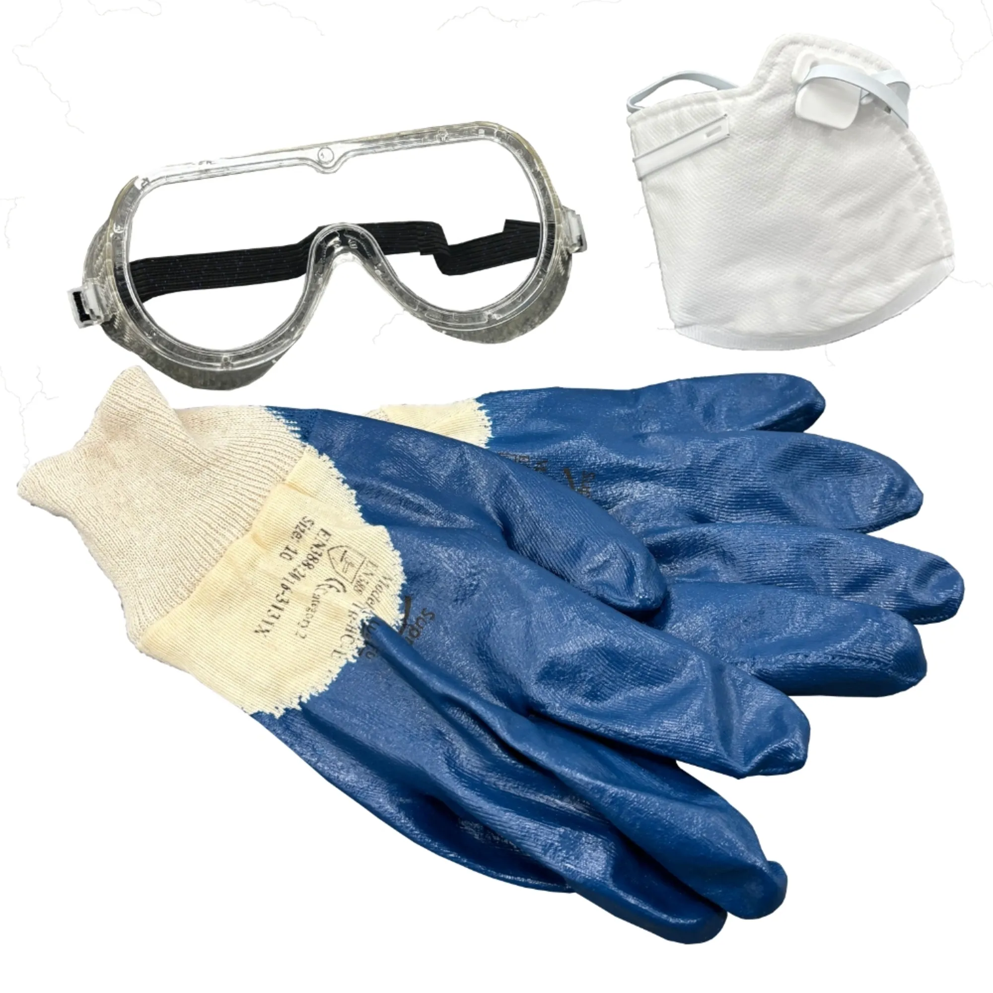 protective gloves,safety goggles,respiratory mask,long-sleeved clothing