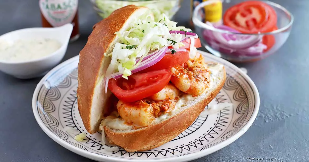 BBQ Shrimp Po’ Boy Sandwiches with topping