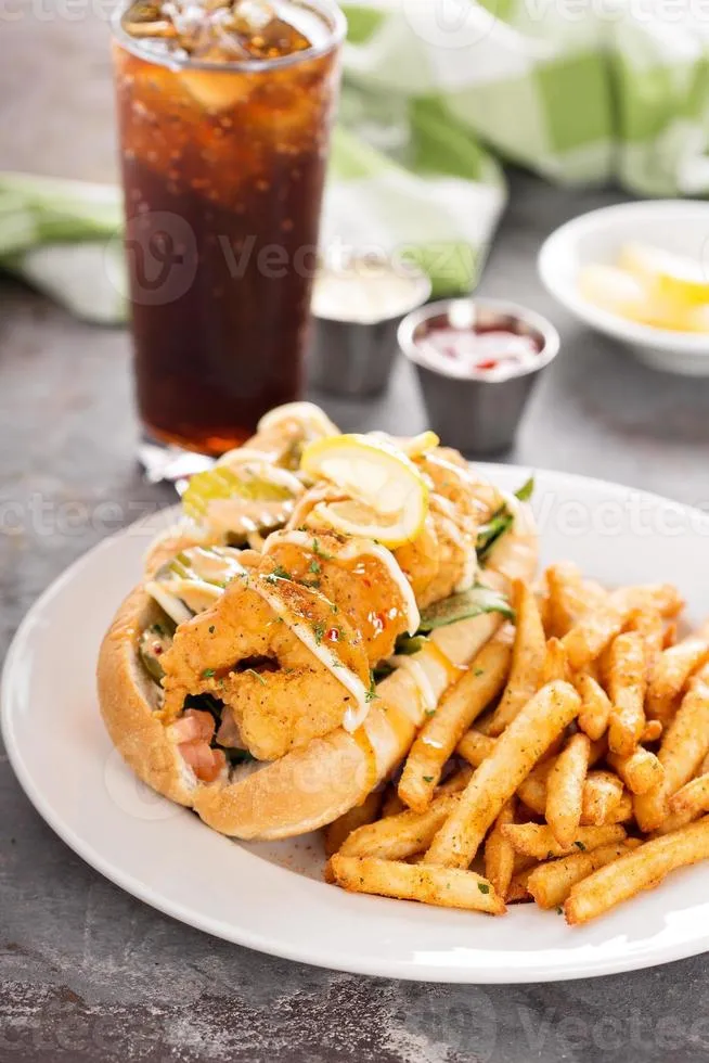 BBQ Shrimp Po’ Boy Sandwiches Pairing with fries and Beverage 